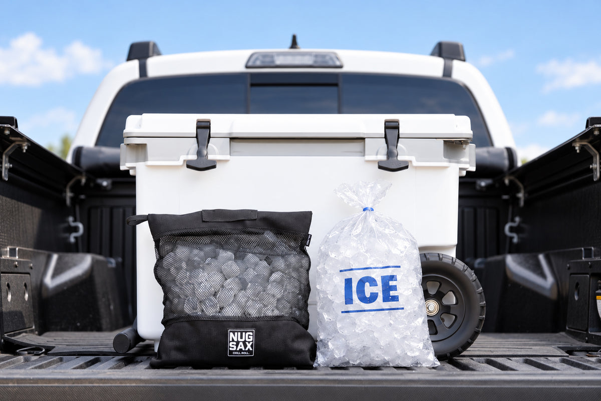 NUGSAX reusable ice cubes in a mesh bag at a tailgate