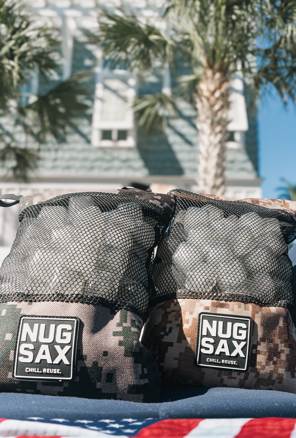 NugSax bags with camouflage pattern on a surface outdoors